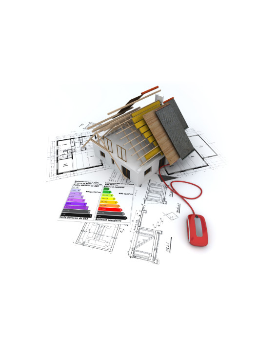 Illustration de maison avec plan et etiquettes energetiques